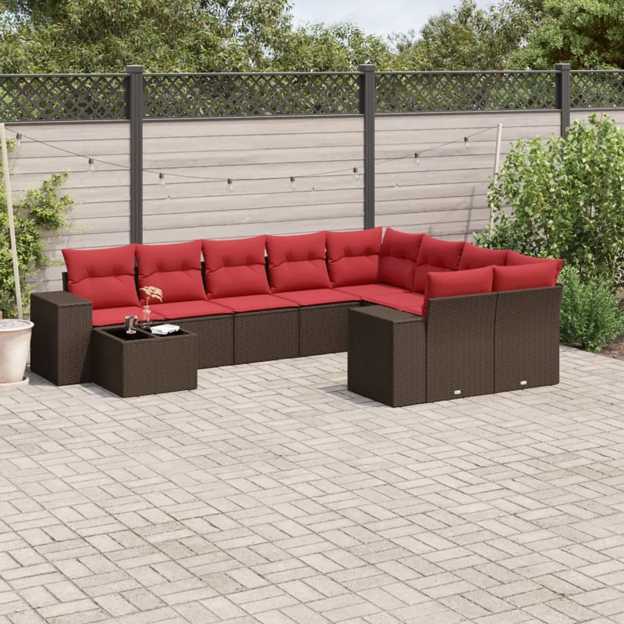 Ensemble de canapé de jardin 10 pcs avec coussins marron résine tressée