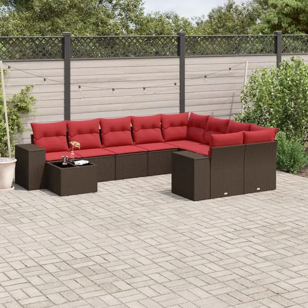 Ensemble de canapé de jardin 10 pcs avec coussins marron résine tressée