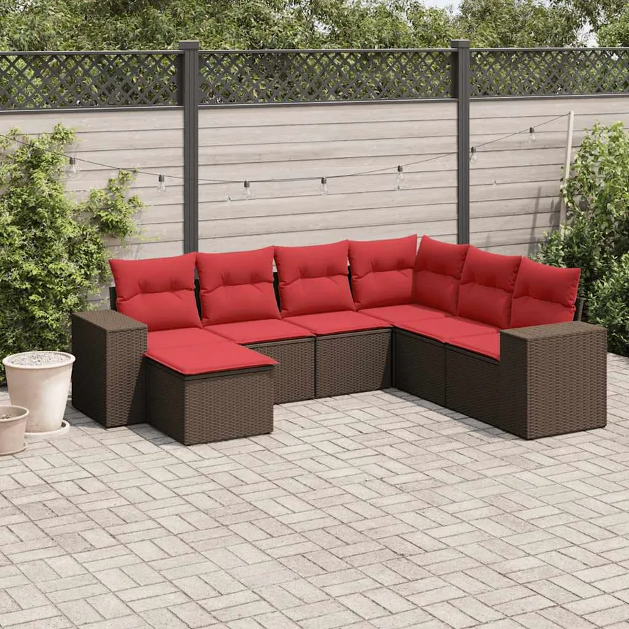 Ensemble de canapé de jardin 7 pcs avec coussins marron résine tressée