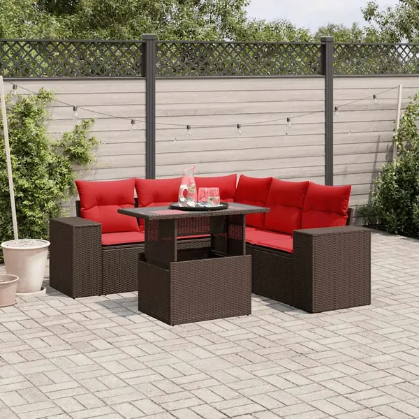 Ensemble de canapé de jardin 6 pcs avec coussins marron résine tressée