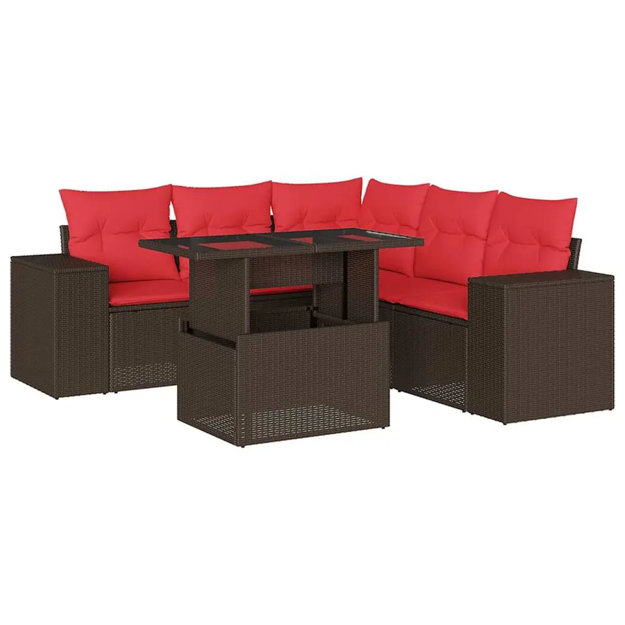 Ensemble de canapé de jardin 6 pcs avec coussins marron résine tressée - 2
