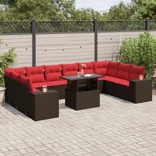 Ensemble de canapé de jardin 11 pcs avec coussins marron résine tressée