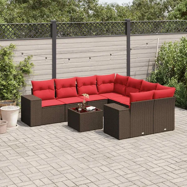 Ensemble de canapé de jardin 9 pcs avec coussins marron résine tressée