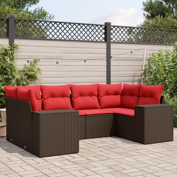 Ensemble de canapé de jardin 6 pcs avec coussins marron résine tressée