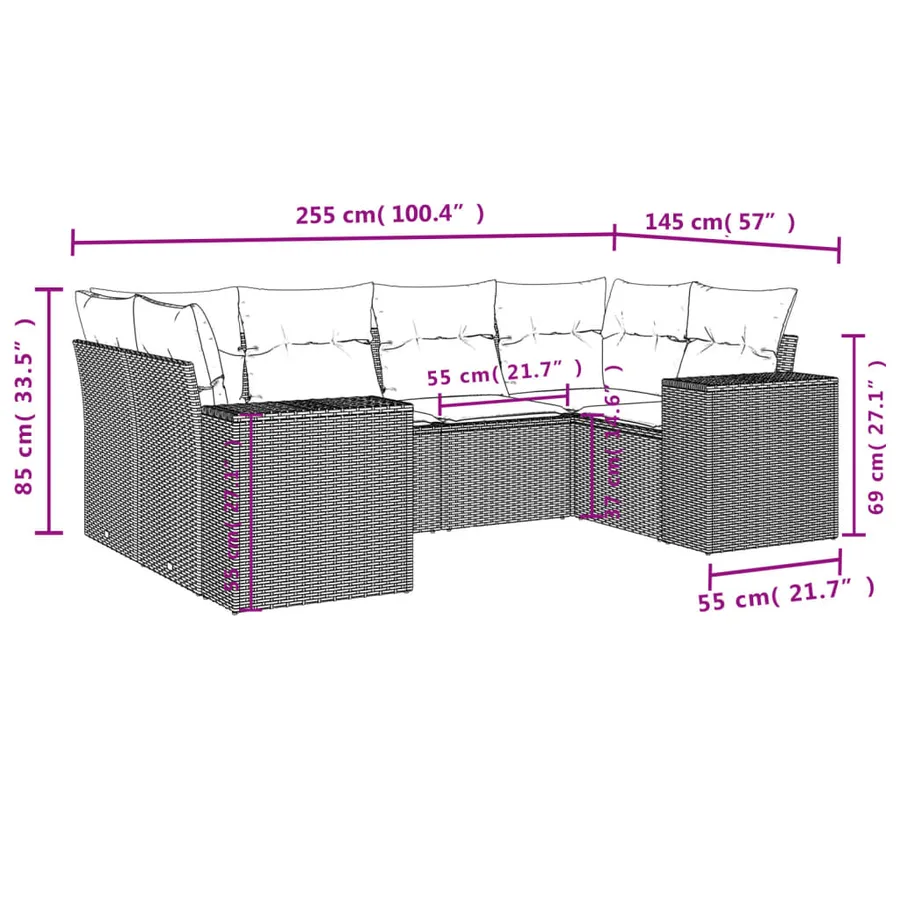 Ensemble de canapé de jardin 6 pcs avec coussins marron résine tressée - 7
