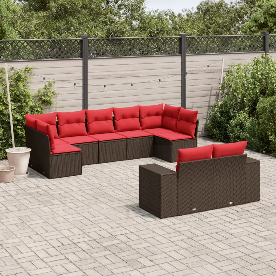 Ensemble de canapé de jardin 9 pcs avec coussins marron résine tressée