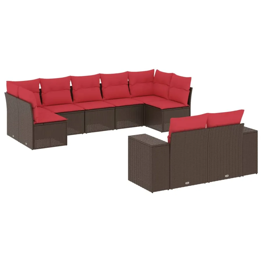 Ensemble de canapé de jardin 9 pcs avec coussins marron résine tressée - 2