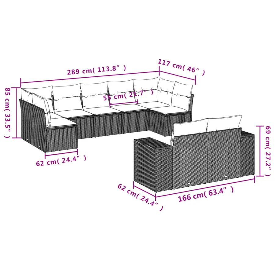 Ensemble de canapé de jardin 9 pcs avec coussins marron résine tressée - 7