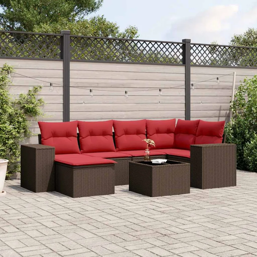 Ensemble de canapé de jardin 7 pcs avec coussins marron résine tressée