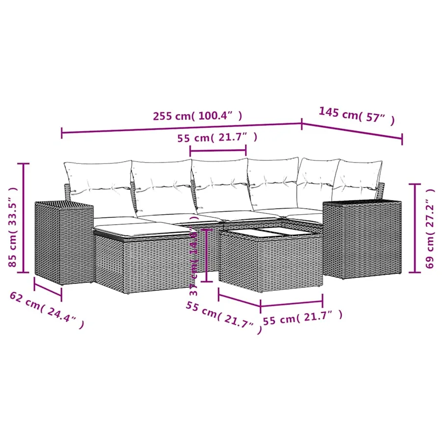 Ensemble de canapé de jardin 7 pcs avec coussins marron résine tressée - 9