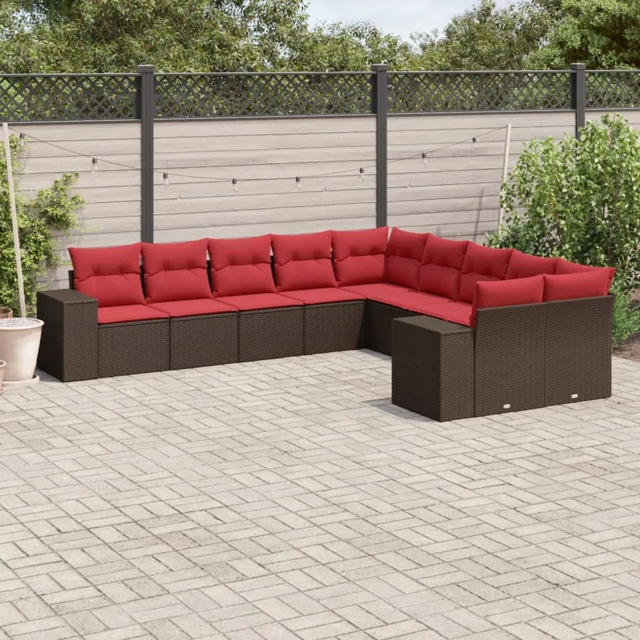 Ensemble de canapé de jardin 10 pcs avec coussins marron résine tressée