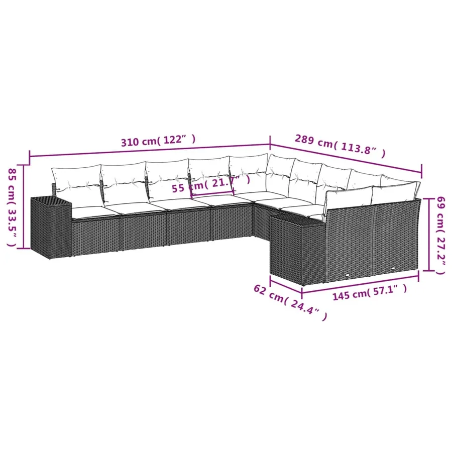 Ensemble de canapé de jardin 10 pcs avec coussins marron résine tressée - 7