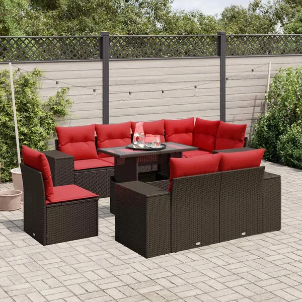 Ensemble de canapé de jardin 9 pcs avec coussins marron résine tressée