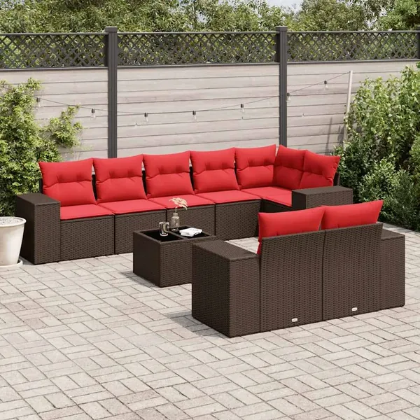 Ensemble de canapé de jardin 9 pcs avec coussins marron résine tressée
