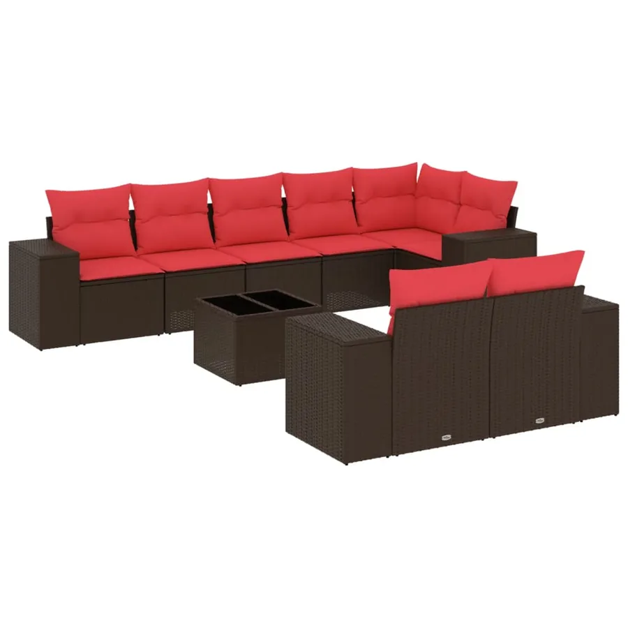 Ensemble de canapé de jardin 9 pcs avec coussins marron résine tressée - 2