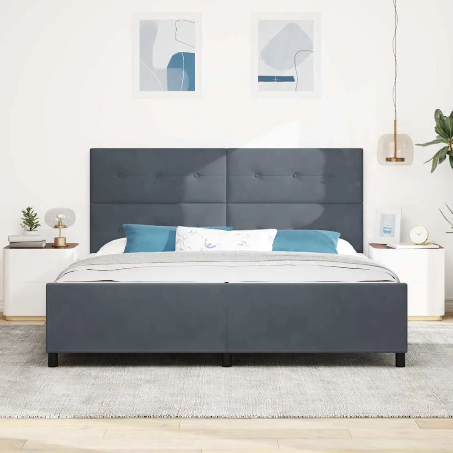 Lit à ressorts avec tête de lit Gris foncé 200 x 200 cm Velours - 3