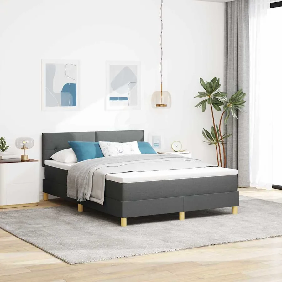 Lit à ressorts avec coussin Gris foncé 140 x 200 cm tissu