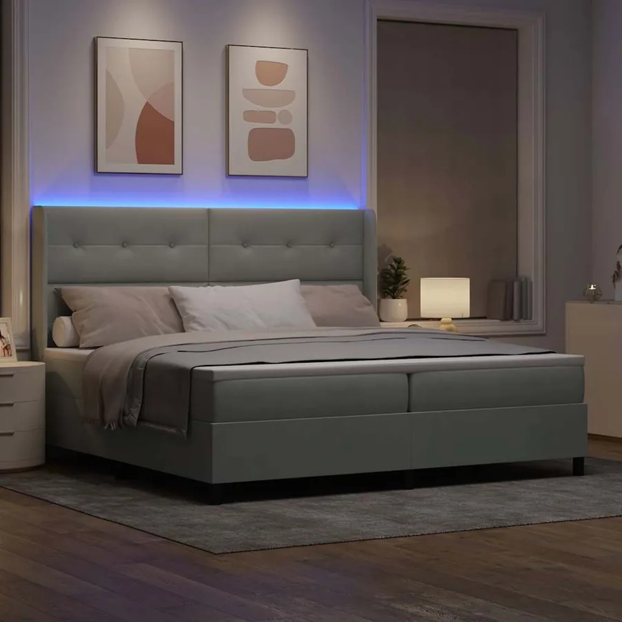 Lit à ressorts avec bandes LED Gris clair 200 x 200 cm Velours - 5