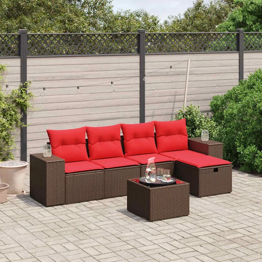 Ensemble de canapé de jardin 6 pcs avec coussins marron résine tressée