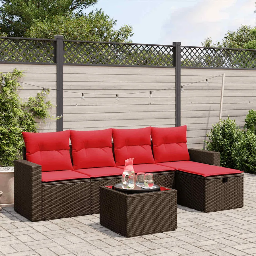 Ensemble de canapé de jardin 6 pcs avec coussins marron résine tressée