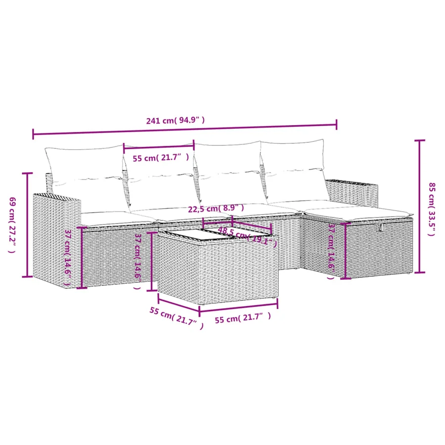 Ensemble de canapé de jardin 6 pcs avec coussins marron résine tressée - 4