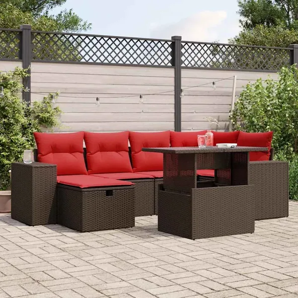 Ensemble de canapé de jardin 7 pcs avec coussins marron résine tressée