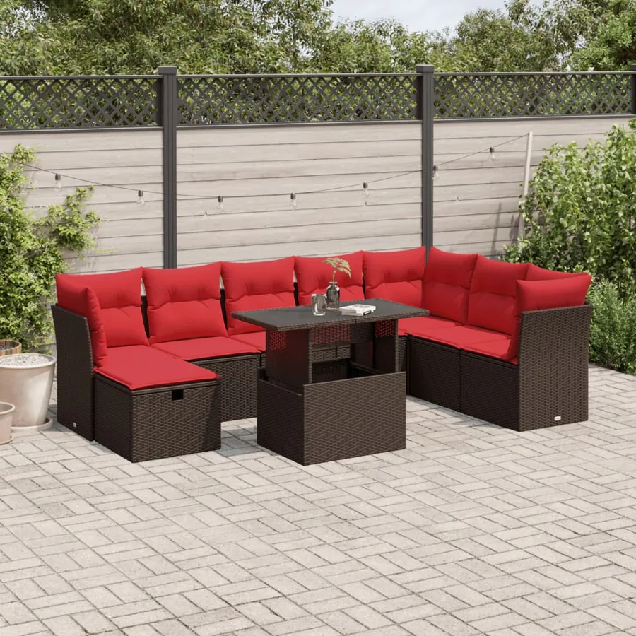 Ensemble de canapé de jardin 9 pcs avec coussins marron résine tressée