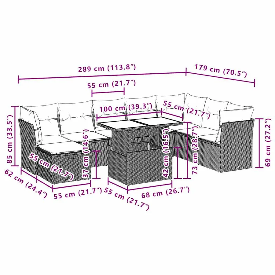 Ensemble de canapé de jardin 9 pcs avec coussins marron résine tressée - 12