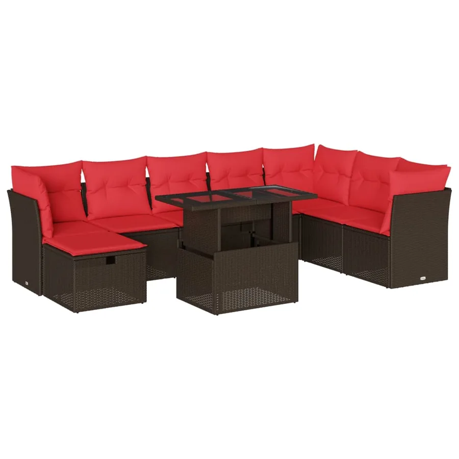 Ensemble de canapé de jardin 9 pcs avec coussins marron résine tressée - 2