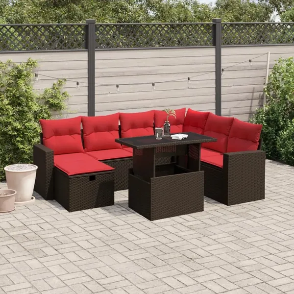 Ensemble de canapé de jardin 8 pcs avec coussins marron résine tressée