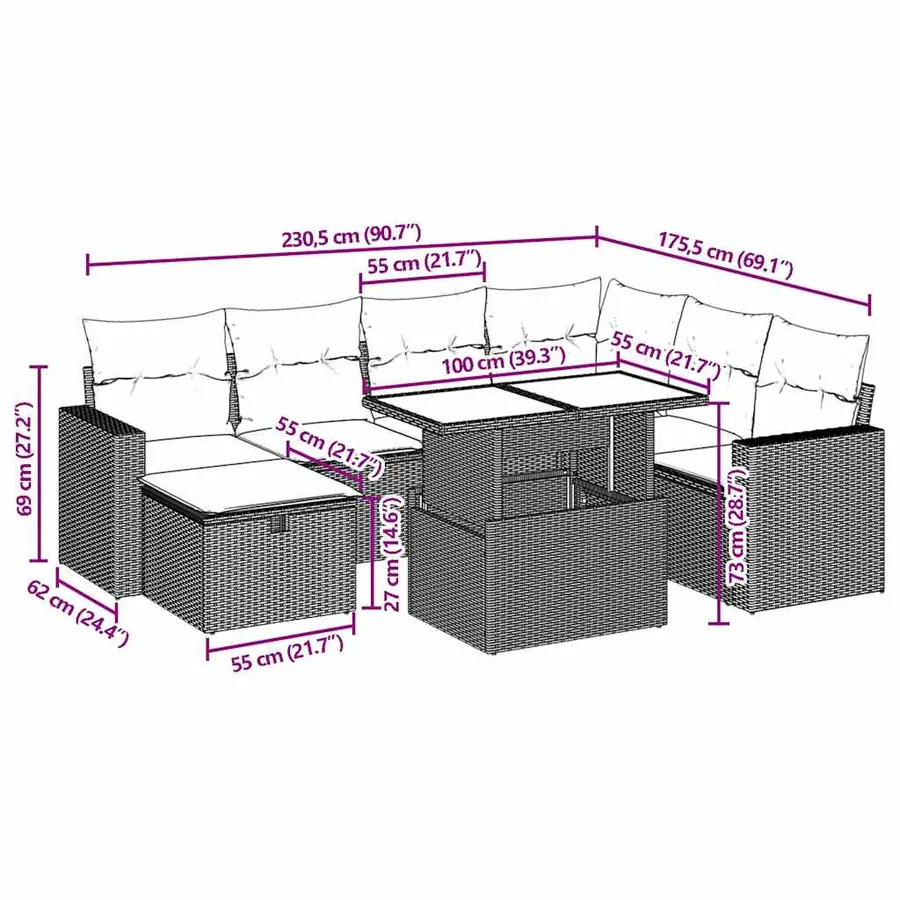 Ensemble de canapé de jardin 8 pcs avec coussins marron résine tressée - 13