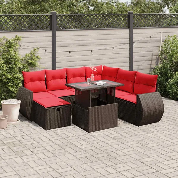Ensemble de canapé de jardin 8 pcs avec coussins marron résine tressée