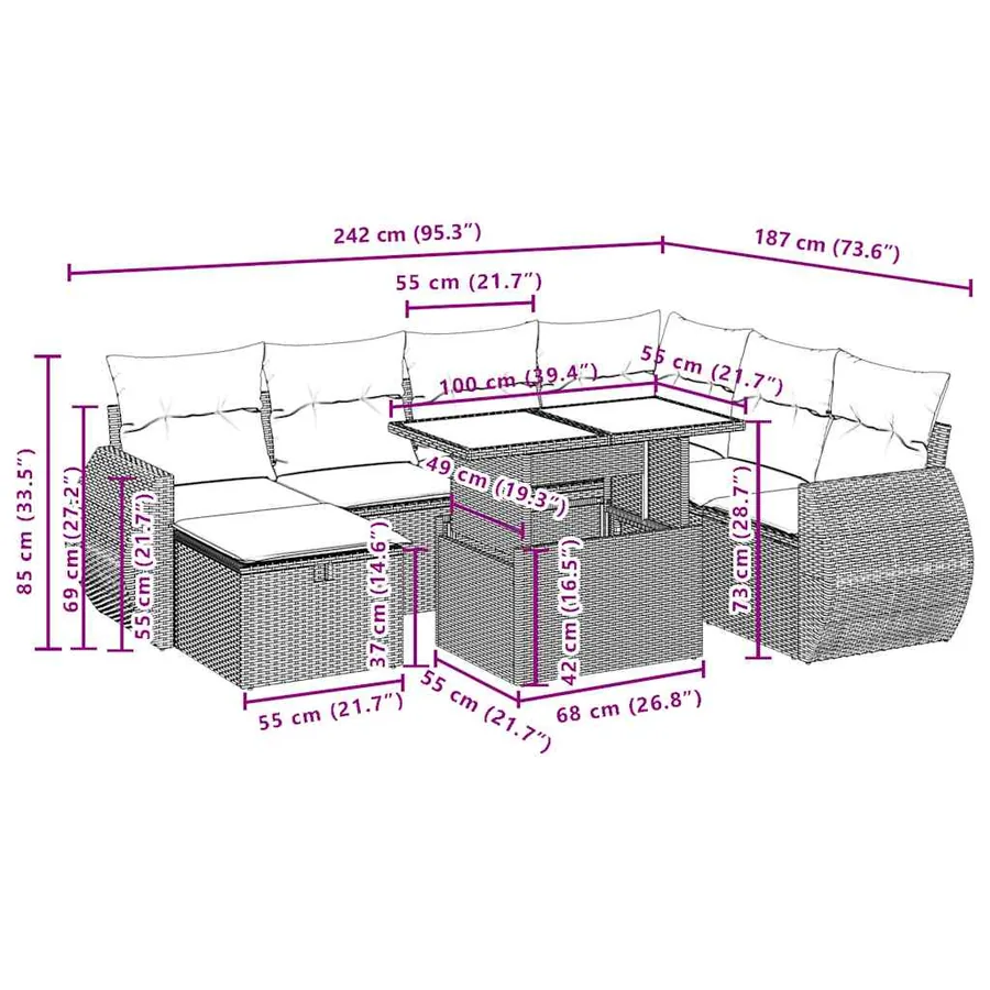 Ensemble de canapé de jardin 8 pcs avec coussins marron résine tressée - 13