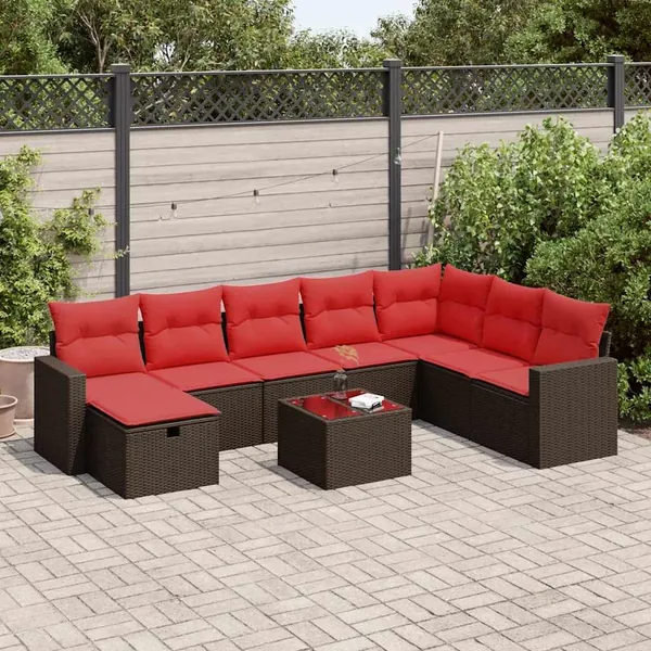 Salon de jardin avec coussins 9 pcs marron résine tressée