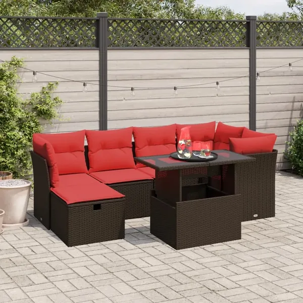 Ensemble de canapé de jardin 7 pcs avec coussins marron résine tressée