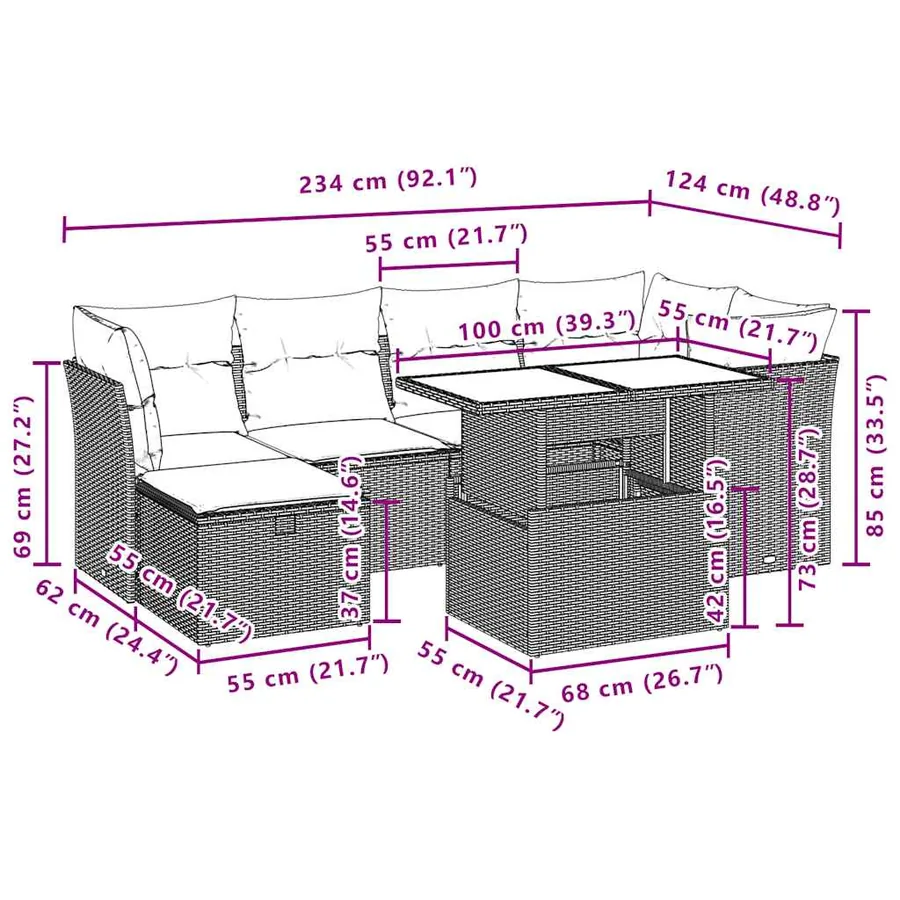 Ensemble de canapé de jardin 7 pcs avec coussins marron résine tressée - 13