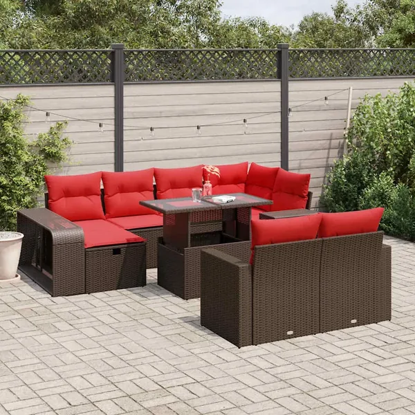 Ensemble de canapé de jardin 11 pcs avec coussins marron résine tressée