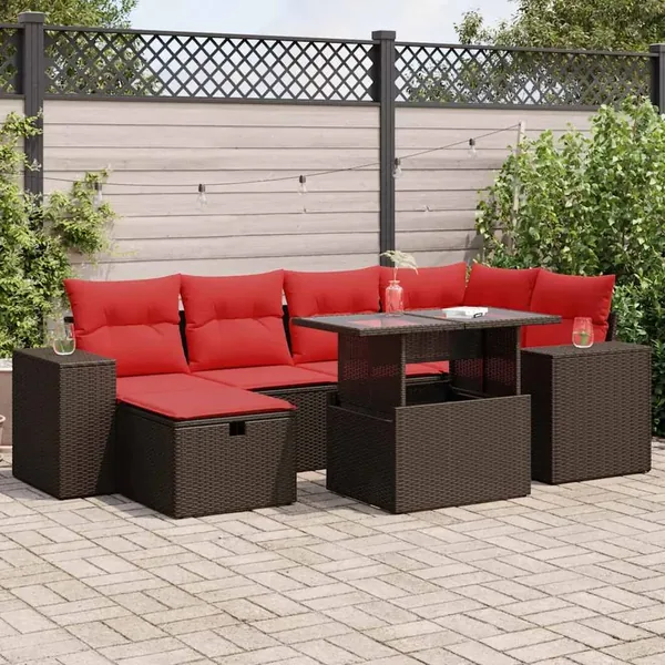 Salon de jardin avec coussins 7 pcs noir résine tressée acacia