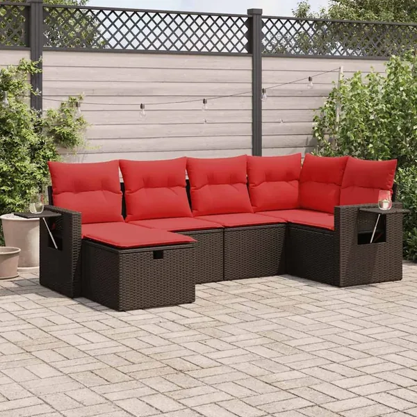 Salon de jardin avec coussins 6 pcs marron résine tressée