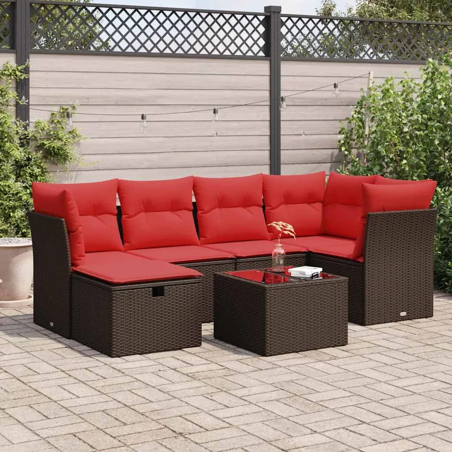 Salon de jardin avec coussins 7 pcs marron résine tressée