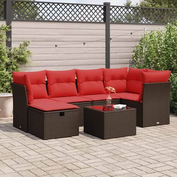 Salon de jardin avec coussins 7 pcs marron résine tressée