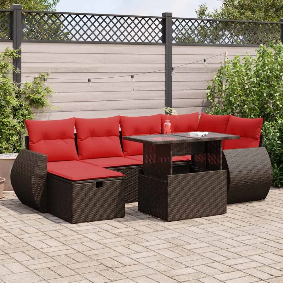 Salon de jardin avec coussins 7 pcs marron résine tressée