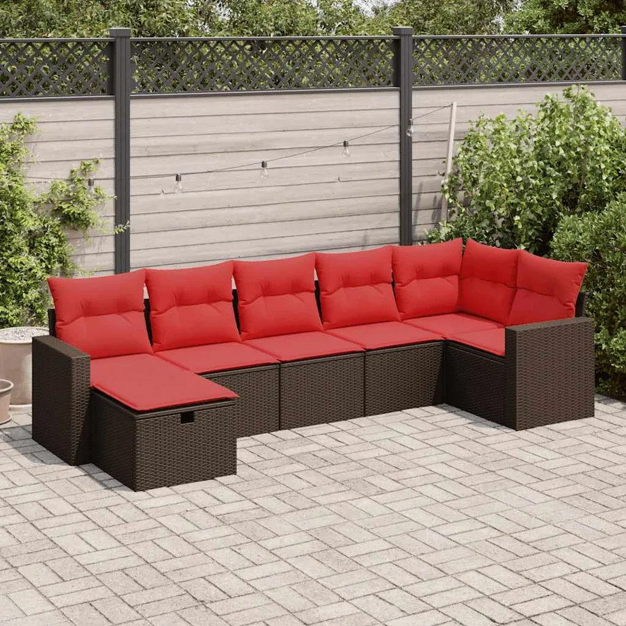 Salon de jardin avec coussins 7 pcs marron résine tressée