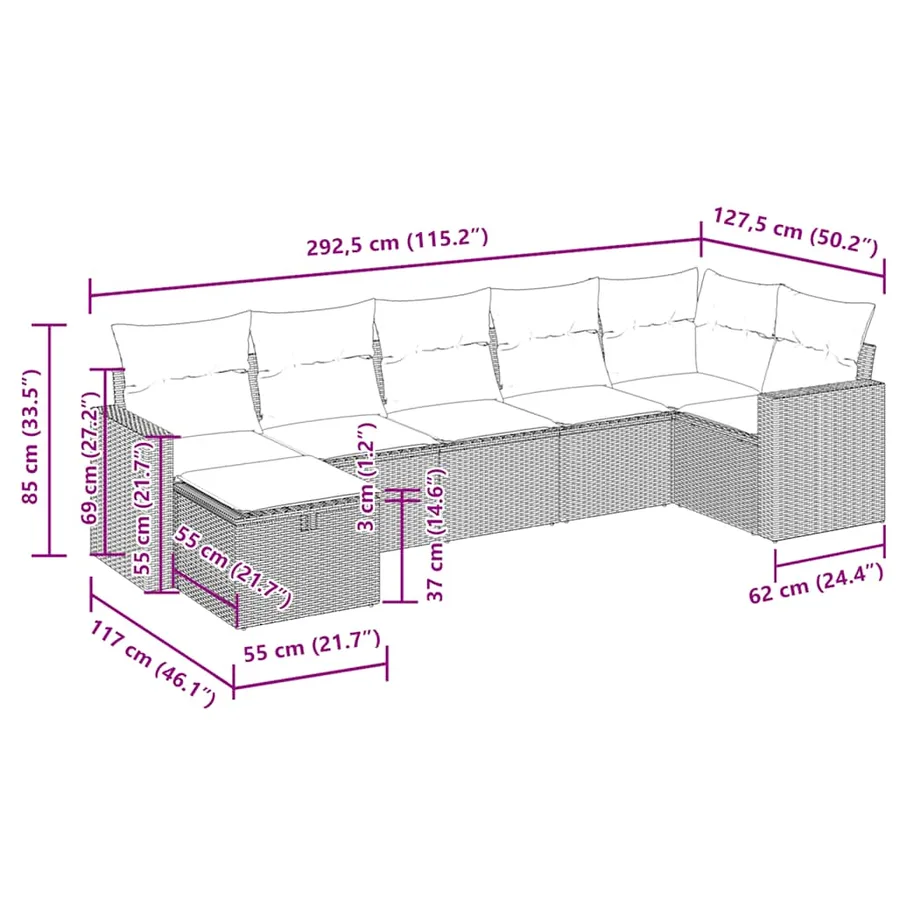 Salon de jardin avec coussins 7 pcs marron résine tressée - 16