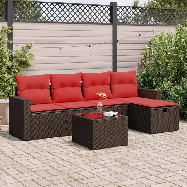 Salon de jardin avec coussins 6 pcs marron résine tressée