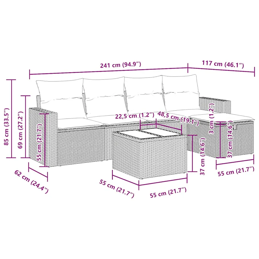 Salon de jardin avec coussins 6 pcs marron résine tressée - 13