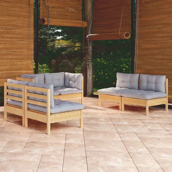 Salon de jardin 6 pcs avec coussins gris Bois de pin massif