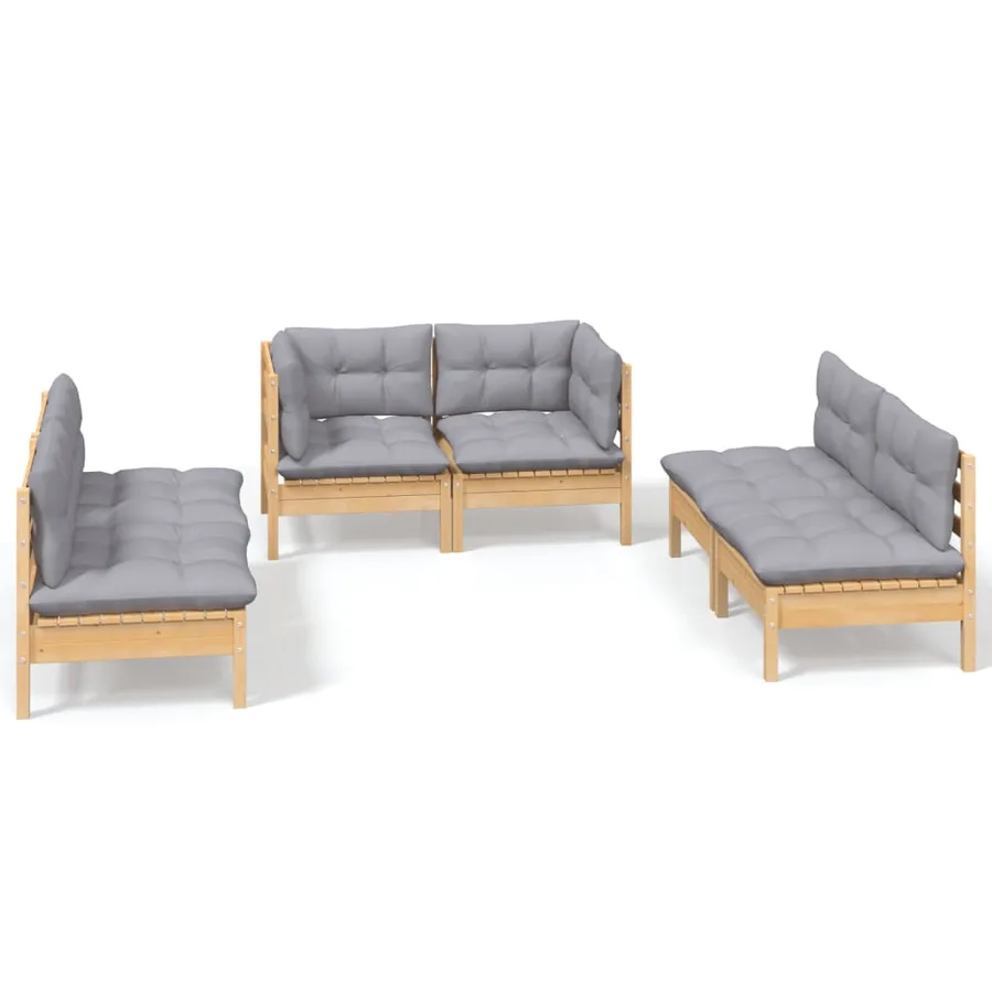 Salon de jardin 6 pcs avec coussins gris Bois de pin massif - 2