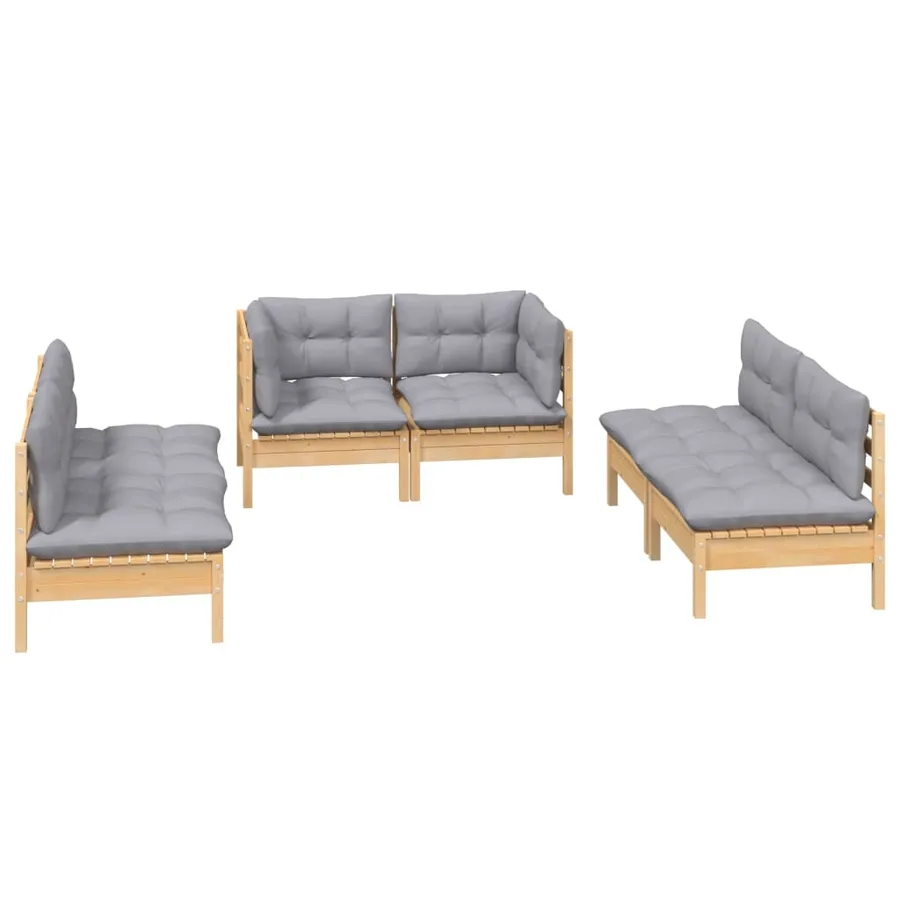 Salon de jardin 6 pcs avec coussins gris Bois de pin massif - 3