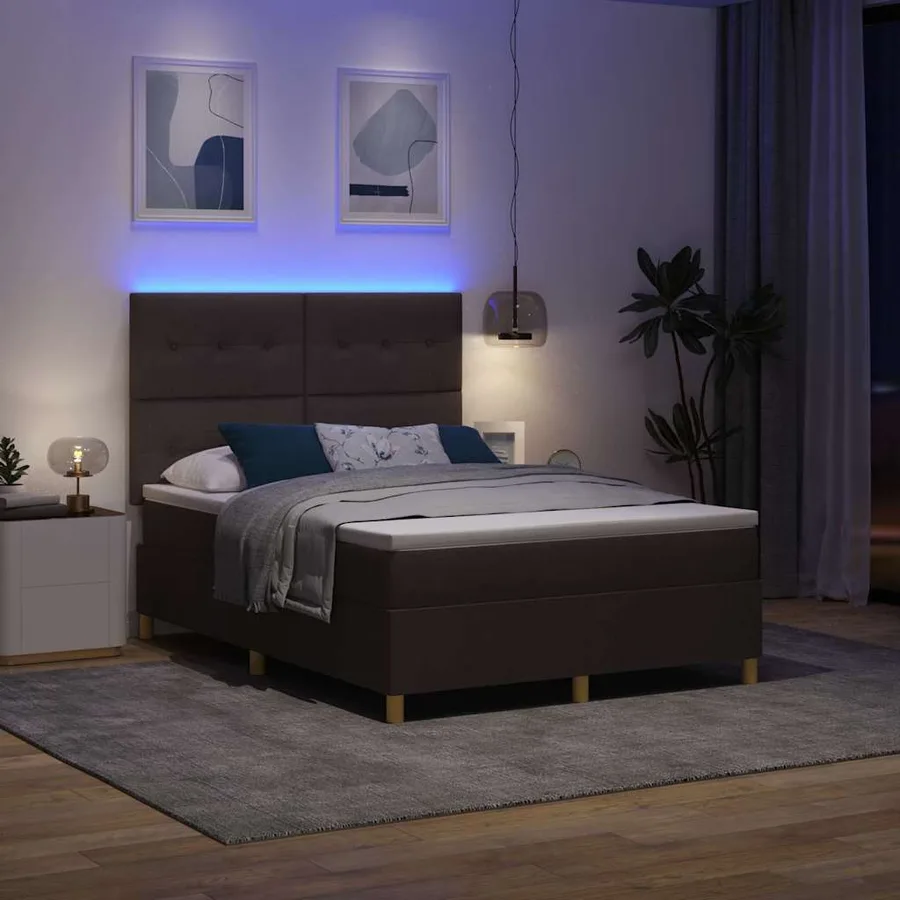 Lit à ressort LED Marron foncé 140 x 190 cm tissu - 5